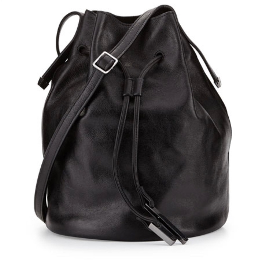 Halston Heritags leather bucket drawstring bag.